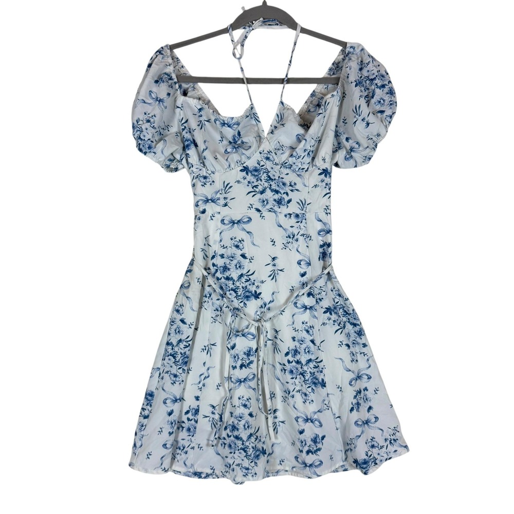 Charli & Jean Dress Juniors M White Blue Floral Puff Sleeve Lace Up Sundress